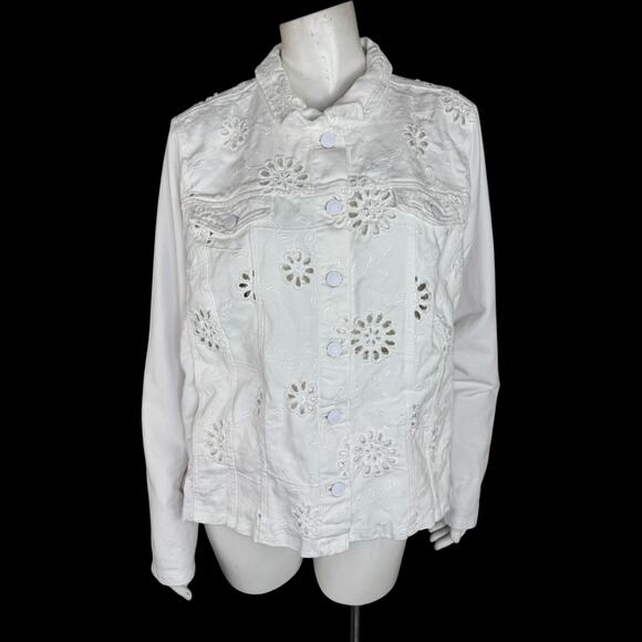 Belle by Kim Gravel Eyelet Jacket with Knit Sleeves and Back White Large - Picture 1 of 14